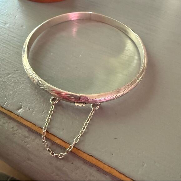 925 Sterling Silver Etched Bangle Bracelet - Picture 7 of 10